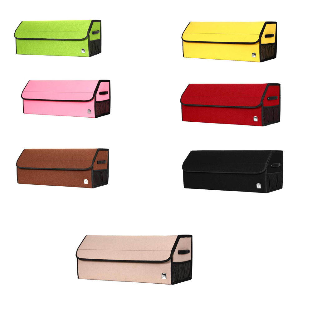 صندوق تخزين تنك للسيارة من قماش اللباد مع مقبضين بلاستيكيين مع منظم صندوق صندوق السيارة ماجيك فيلكرو قريب ملون مع 1 جيوب شبكية جانبية منظم صندوق السيارة