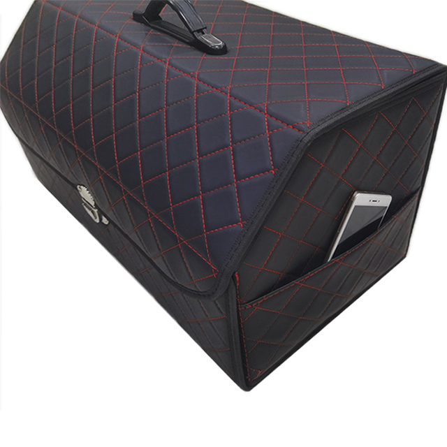 صندوق صندوق السيارة الجلدي المطرز بالجلد PVC مع إدراج خشبي مع مشبك معدني وجيوب شبكية جانبية صندوق تخزين قابل للطي