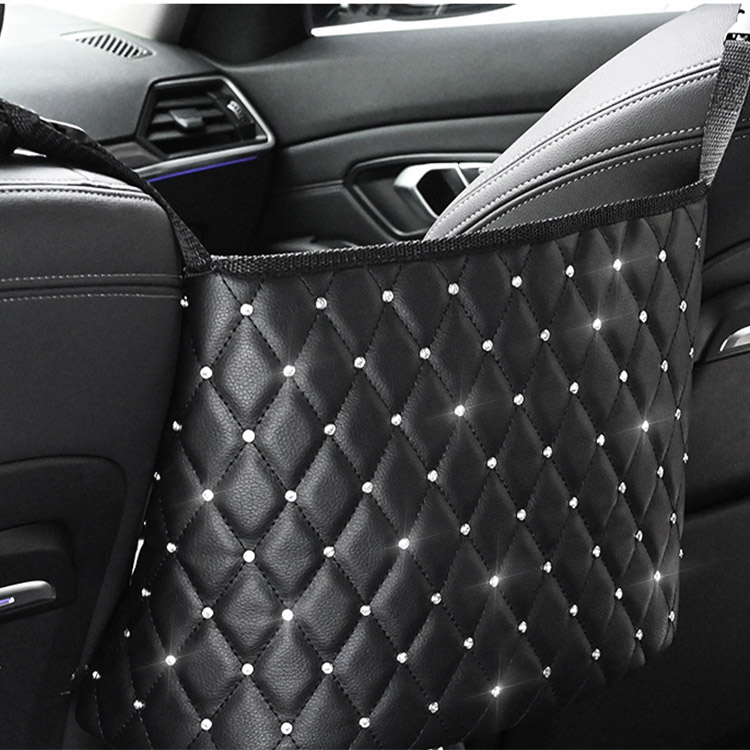 منظم المقعد الأمامي للسيارة لحمل مناديل حقيبة يد الطعام سعة كبيرة حقيبة تخزين ماسية لامعة بين منظم المقاعد 