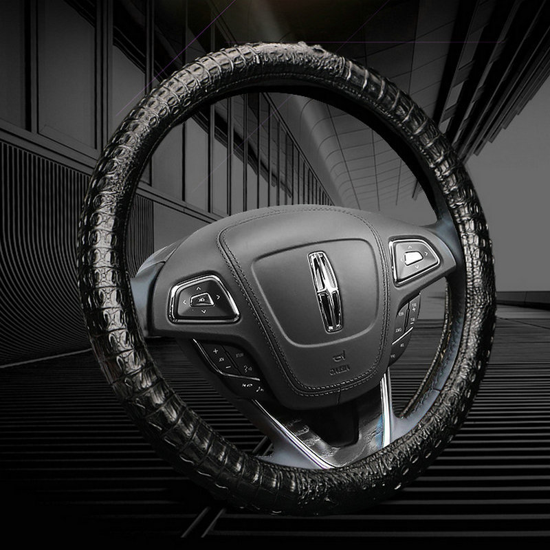 غطاء عجلة قيادة السيارة من جلد التمساح الحقيقي المخصص 38 سم وسادة عجلة قيادة السيارة ذات ملمس اليد
