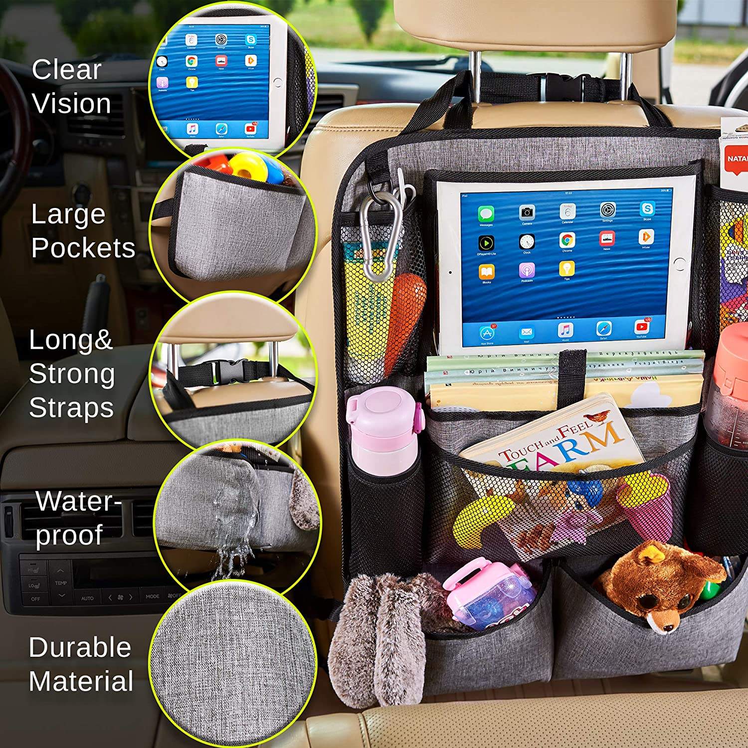 منظم للمقعد الخلفي للسيارة مع حامل طاولة 10 بوصات و 9 جيوب تخزين أمازون رائجة البيع خفيفة الوزن قابلة للطي صغيرة الحجم خفيفة الوزن منظم ظهر المقعد 