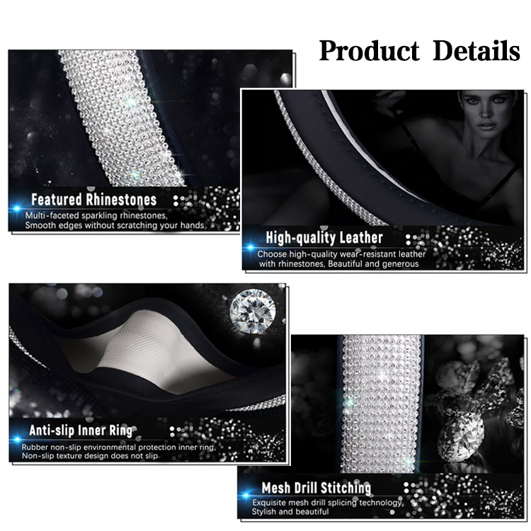 غطاء عجلة قيادة من الجلد الماسي الجديد مع واقي عجلة السيارة مقاس 15 بوصة من أحجار الراين الكريستالية بلينغ بلينغ للنساء والفتيات