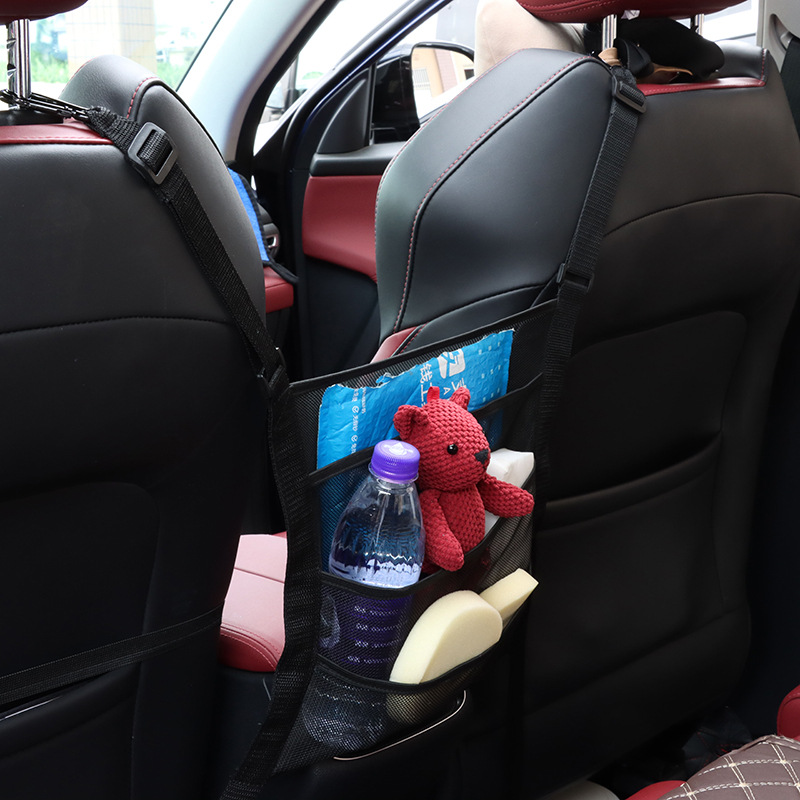  حامل حقيبة يد بجيب شبكي للسيارة مكون من 3 طبقات وجيب شبكي للسيارة من أربعة جوانب ومزودة بشبكة مرنة بين المقاعد الأمامية للمقعد الخلفي للأطفال والكلاب والحيوانات الأليفة حاجز شبكي للسيارة