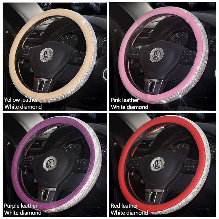 غطاء عجلة قيادة من الجلد الماسي الجديد مع واقي عجلة السيارة مقاس 15 بوصة من أحجار الراين الكريستالية بلينغ بلينغ للنساء والفتيات