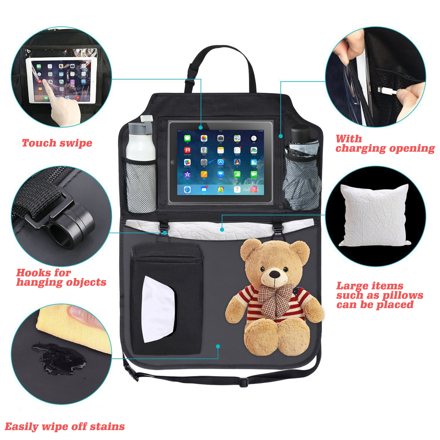 عبوتان من منظم تخزين مقعد السيارة القابل للطي من قماش أكسفورد 600D المتين مع شاشة لمس شفافة لجهاز iPad و iPhone وزجاجة الماء منظم المقعد الخلفي للسيارة