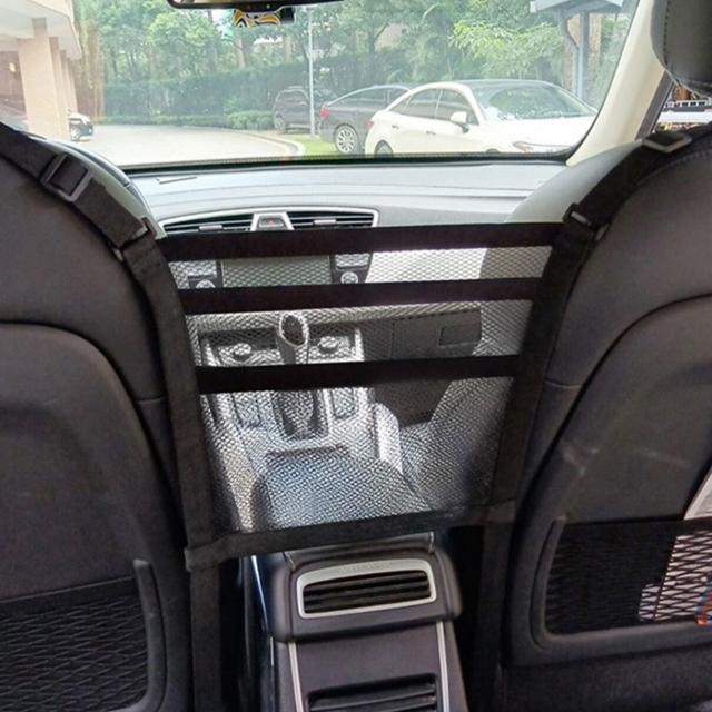  حامل حقيبة يد بجيب شبكي للسيارة مكون من 3 طبقات وجيب شبكي للسيارة من أربعة جوانب ومزودة بشبكة مرنة بين المقاعد الأمامية للمقعد الخلفي للأطفال والكلاب والحيوانات الأليفة حاجز شبكي للسيارة
