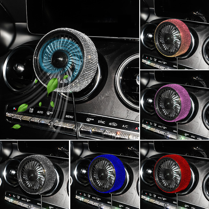 مروحة ماسية للسيارة لمنافذ USB الهواء، مروحة تبريد صغيرة للسيارة مع حجر الراين اللامع 