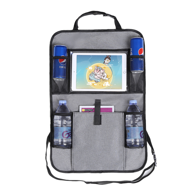 منظم المقعد الخلفي للسيارة مع جهاز لوحي يمكن لمسه لجهاز iPad رمادي 600D أكسفورد تخزين القماش حقيبة معلقة منظم المقعد الخلفي للسيارة الشركة المصنعة