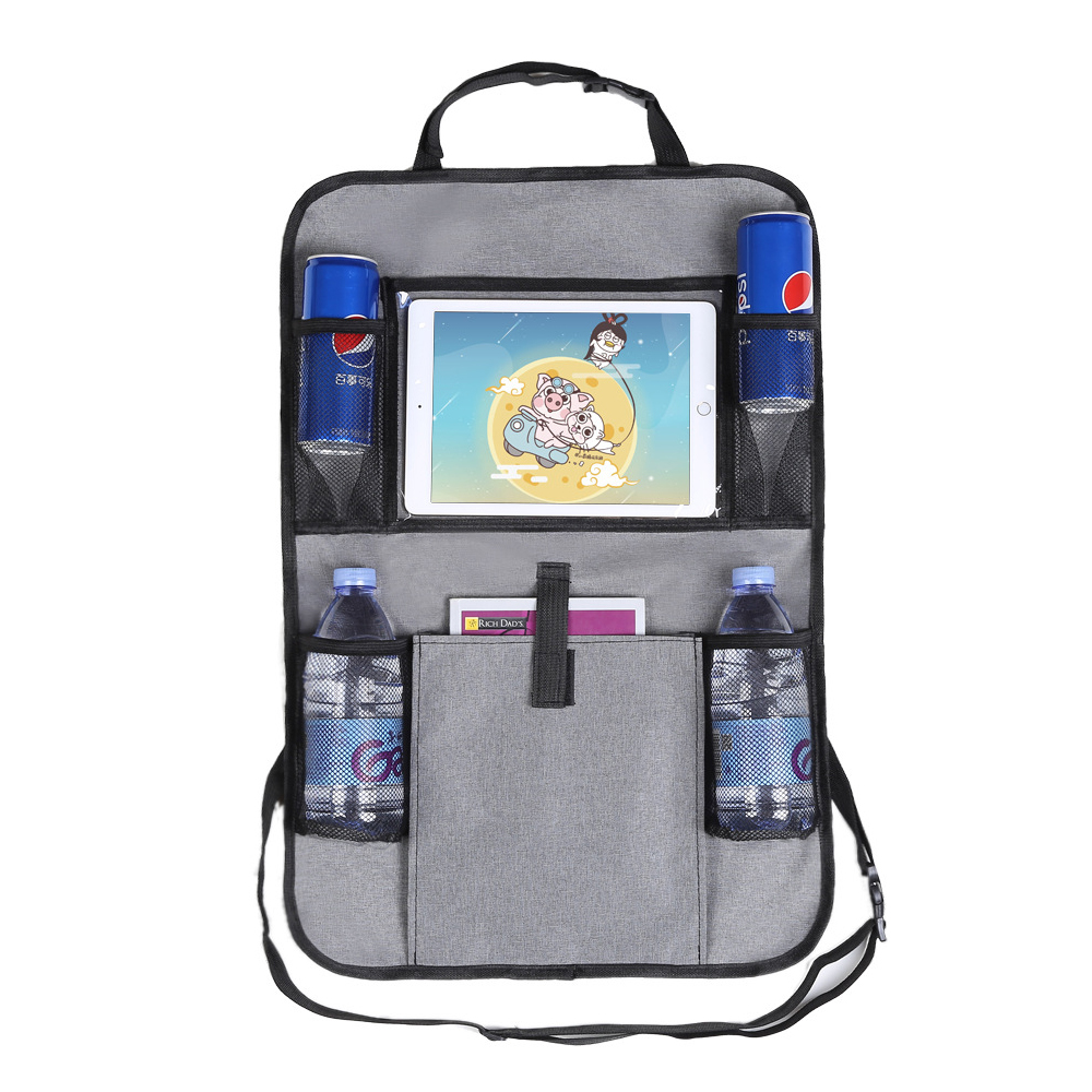 منظم المقعد الخلفي للسيارة مع جهاز لوحي يمكن لمسه لجهاز iPad رمادي 600D أكسفورد تخزين القماش حقيبة معلقة منظم المقعد الخلفي للسيارة الشركة المصنعة