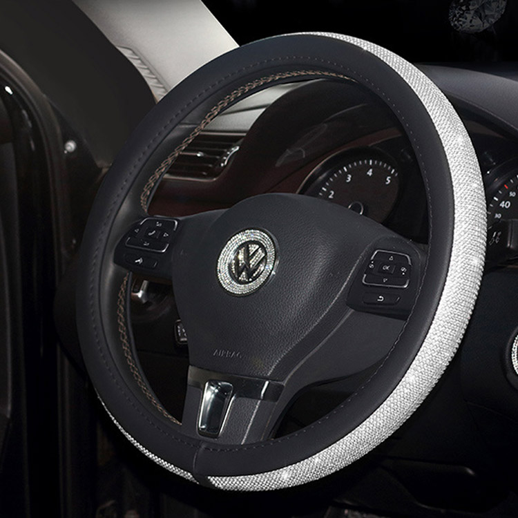 غطاء عجلة قيادة من الجلد الماسي الجديد مع واقي عجلة السيارة مقاس 15 بوصة من أحجار الراين الكريستالية بلينغ بلينغ للنساء والفتيات