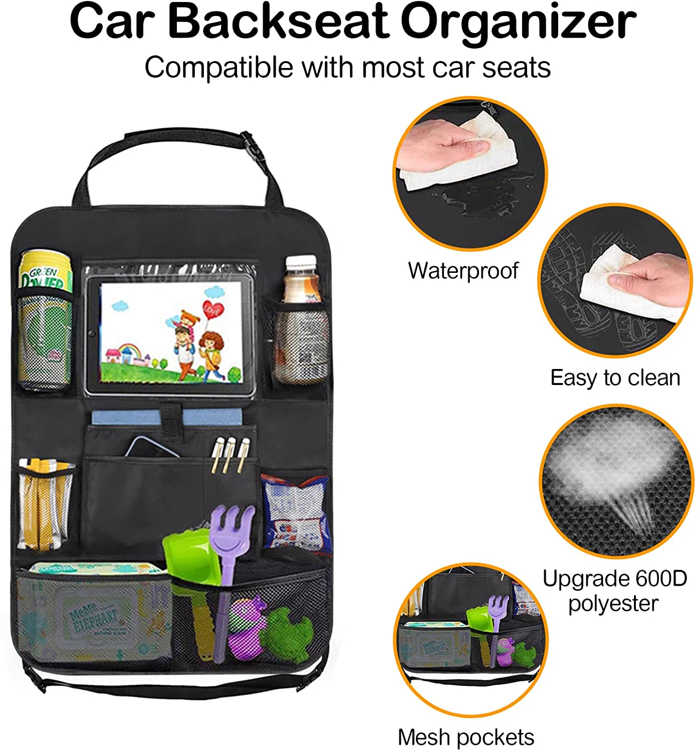 منظم مقعد السيارة تخزين متين معلق حقيبة متعددة الجيوب منظم المقعد الخلفي للسيارة مع حامل لوحي للأطفال