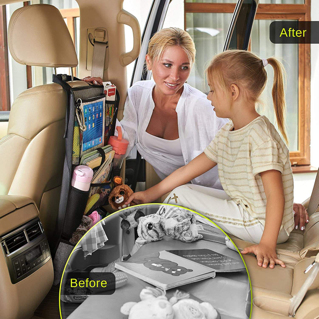 منظم للمقعد الخلفي للسيارة مع حامل طاولة 10 بوصات و 9 جيوب تخزين أمازون رائجة البيع خفيفة الوزن قابلة للطي صغيرة الحجم خفيفة الوزن منظم ظهر المقعد 